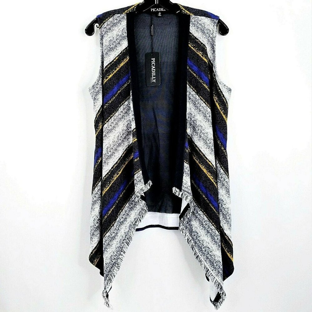 Picadilly Open Front Long Vest NEW Blue Stripe Med
